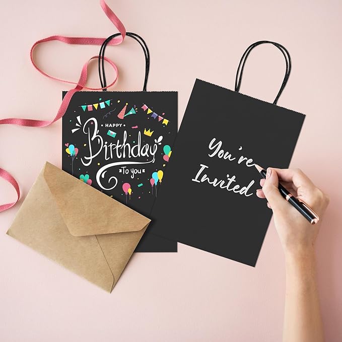 METRONIC 50 Pack Small Black Gift Paper Bags 5.25x3.75x8, Gift Paper Kraft Bag with Handles Bulk for Birthday Party Favors, Retail Shopping Business Goody Craft Gift Bag