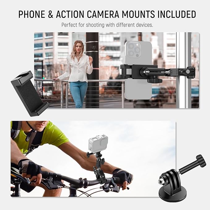 NEEWER Super Clamp Magic Arm Camera Mount with Phone Holder Action Cam Adapter Ball Heads 1/4" Threads Cold Shoe Cleaning Cloth Compatible with SmallRig GoPro for Desk Tripod Crossbar Gimbal Rod, ST83
