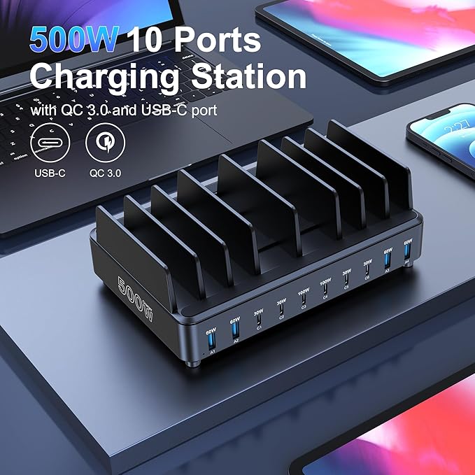 chipofy 500W Charging Station for Multiple Devices, 10-Port Multi USB C Fast Charger Station with Organizer Stand for MacBook Laptop, iPad, iPhone 16 15 Pro Max, Galaxy S25/S24 and More
