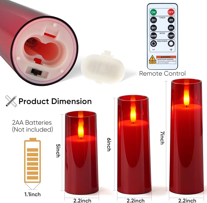 Homemory Decorative Flameless Candles, Battery Operated Candles with Remote & Timer, Flickering Led Pillar Candles, Plexiglass, Red, Pack of 9, D2.2 xH 5" 6" 7"