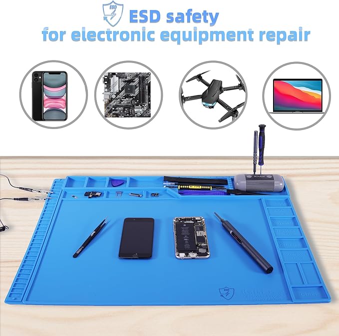 Kaisi Large Anti Static Mat with Grounding Accessories,Heat Resistant Silicone Soldering Mat,Magnetic Work ESD Pad for pc building, Electronics, Laptop, Cellphone Repair Soldering 21.6" x 16.9"