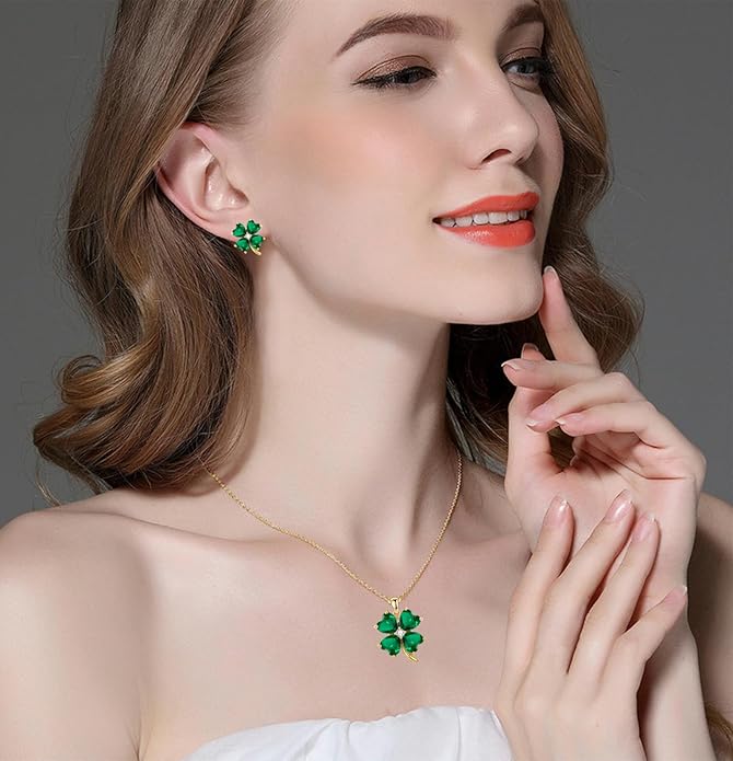 VONSSY Four Leaf Clover Necklace Earrings Shamrock Irish ST Patricks Jewelry Set Gift 18k Gold Plated Green Emerald Zircon Diamond Crystal Lucky Saint Pendant for Woman Wife Girlfriend Mom