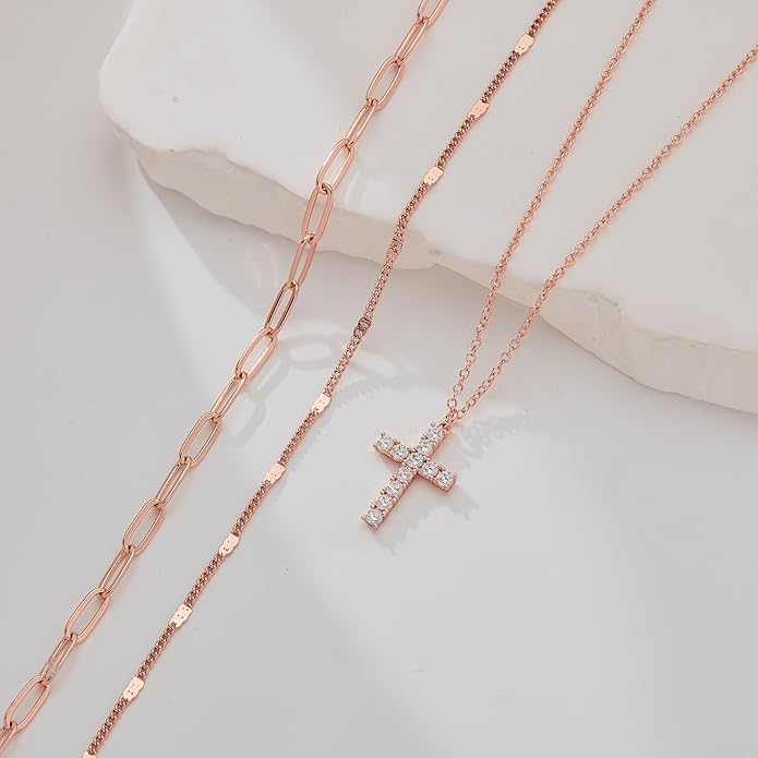 Layered Gold Necklaces for Women, Stackable Dainty 14K Gold Silver Plated Trendy Simple Heart Diamond Cross Bow Circle Pendant Paperclip Choker Dot Chain Necklace,Jewelry Set Gifts for Women