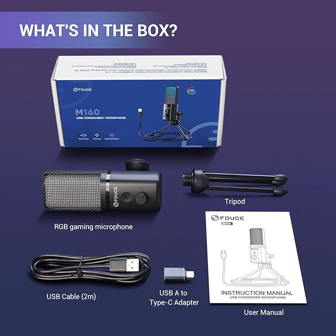FDUCE Gaming USB Microphone for PC,RGB Condenser Computer Mic with Tripod Stand,Quick Mute,Gain Control,Cardioid Mic for Streaming, Podcast, Twitch, YouTube, PC, Computer, PS5, (M160)