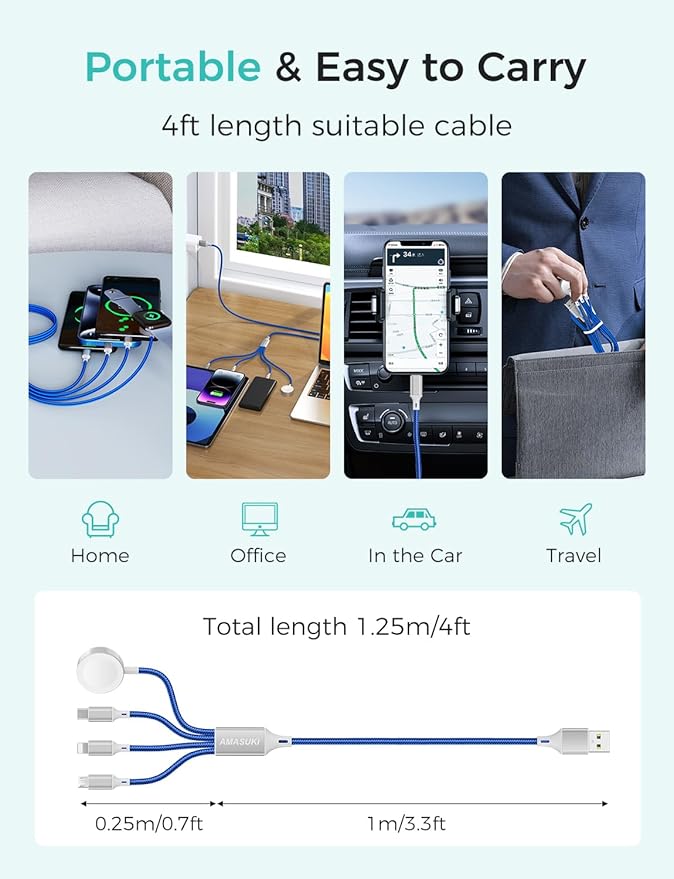 2Pack Travel Essentials Multi Charging Cable for Watch Charger 4 in 1 Fast Charger Camping Essentials USB C/L/Micro Compatible with Watch Series 10-1/SE/Ultra Phone 16 15/Galaxy Android-4FT/Blue