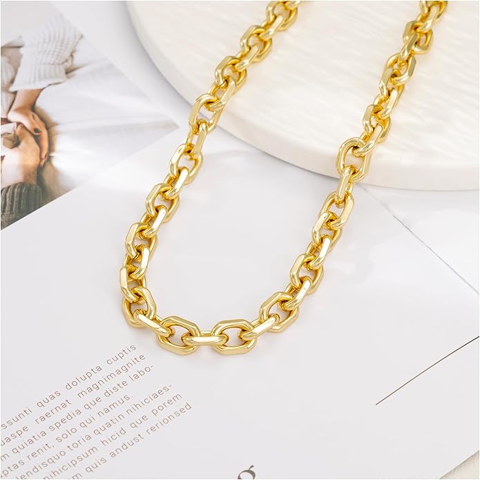 Gold Necklace for Women - Chunky 14K Gold Plated Chain Necklace Cuban Link Paperclip Chain Herringbone Statement Choker Necklace for Women Simple Trendy Jewelry Gifts