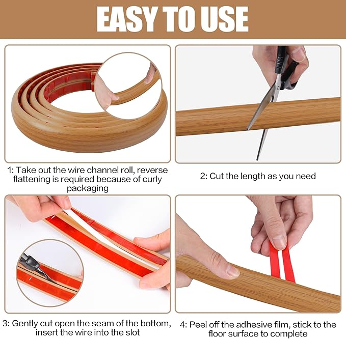 Floor Cord Cover Self Adhesive Cord Hider,10FT Cable Management, Extension Strip Protector for Wires, Prevent Cable Trips for Offices, Gyms, Exhibitions Cavity:0.47"(W) x 0.35"(H) Brown Wood