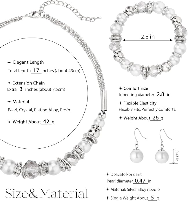 PEARL&CLUB Silver Beaded Statement Necklaces for Women Chunky Bead Necklace Bracelet and Earring Costume Jewelry Sets Gifts for Mom