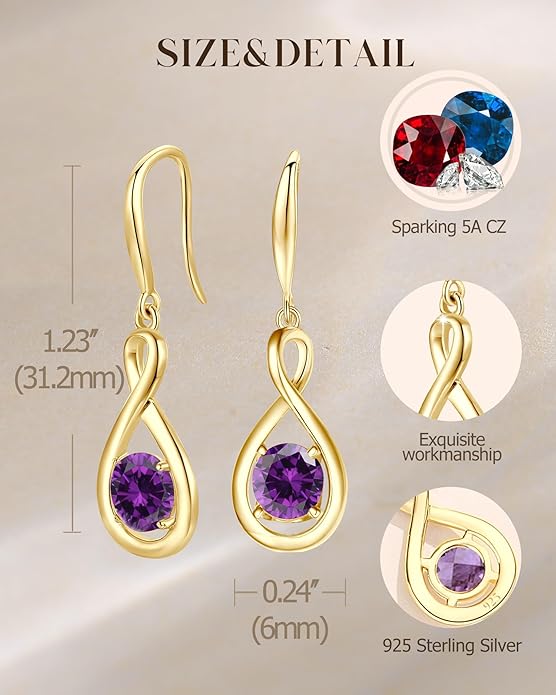 FANCIME Valentines Day Gift Dangle Drop Earrings 925 Sterling Silver Dainty Infinity Round Gemstone Birthstone Jewelry Birthday Gifts for Her Women