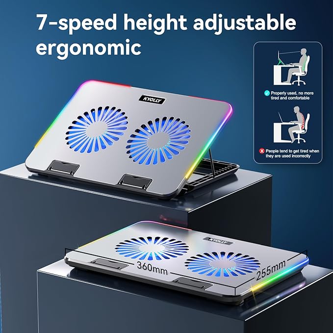 Upgarde Metal RGB Laptop Cooling Pad Gaming Laptop Cooler with 2 Large Fans, Adjustable Fan Speed, 7 Height Stand, 10 Modes Light with Memory Function for 10-17.3 Inch Laptops