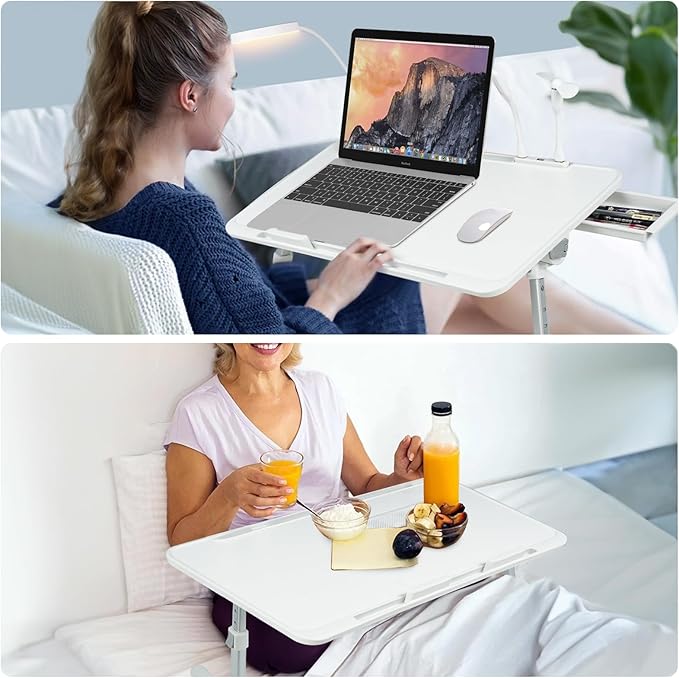 Laptop Lap Desk with Cooling Fan - Adjustable with Light, USB, Storage Drawer - Folding Bed Desk,22.04"*12.59",White