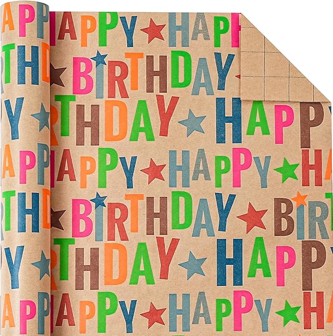 WRAPAHOLIC 30 Inch Jumbo Kfaft Birthday Wrapping Paper Roll - 30 Inch x 33 Feet - Colorful Happy Birthday Wrapping Paper for Girls Boys Kids, Baby Shower, Party