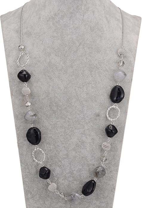 BULINLIN Beaded Long Necklace for Women Silver Sweater Chain Necklace with Crystal Resin Beads, Fashion Jewelry Necklace