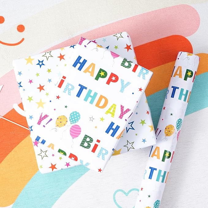 Reversible Birthday Wrapping Paper Roll for Boys Girls Kids - Mini Roll - 17 Inches X 33 Feet - Colorful Happy Birthday Lettering Balloon and Stars Design for Boy Girls Kids
