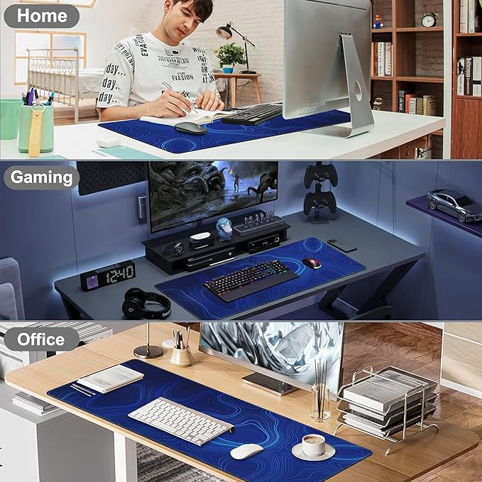 Abstract Topography Design Desk Mat,Large Dark Blue Topographic Line Art Gaming Keyboard Mouse Pad,Non-Slip Rubber Base Desk Pad Thick Stitched Edges Waterproof Mousepad Mouse Mat 31.5"x11.8"