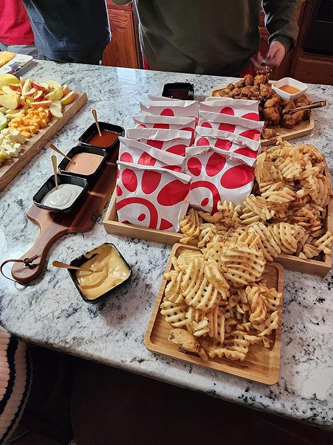 Bamboo Serving Trays 16.5"x11.8"(42x30cm with Handle, Set Includes 1xHexagon 12.5"(32cm)+1xRectangle 9.8"(25cm)*5.9"(15cm)+1xSquare 5.9"(15cm) Dinner Plates Cheese Cutting Board