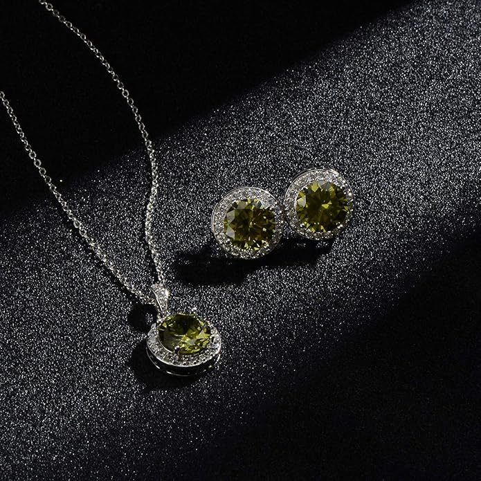 Bridal Crystal Jewelry Set - Sterling Silver Round Cubic Zirconia CZ Rhinestone Halo Birthstone Pendant Necklace Stud Earrings Set for Wedding Bride Bridesmaids Birthday Gift
