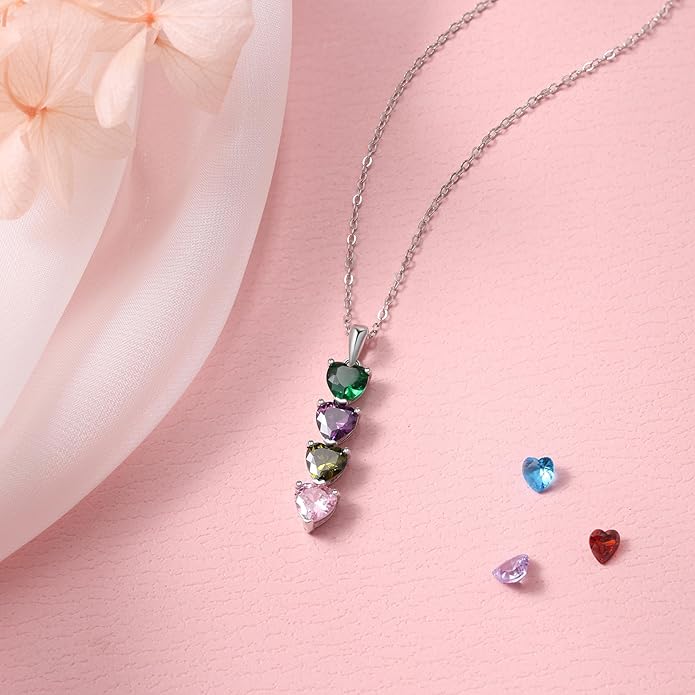 PaulaMax Jewelry Custom Birthstone Necklace for Women in 925 Sterling Silver, Mother's Day Necklace with 1 2 3 4 Heart Birthstones, Personalized and Customized Sterling Silver Chain 18" + 2"