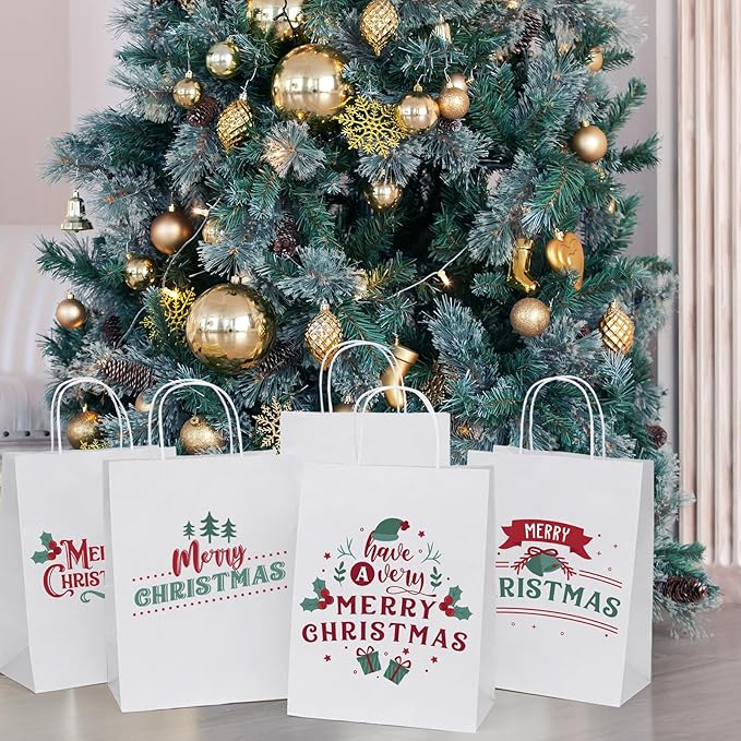 MESHA White Paper Gift Bags 8x4.25x10.5 Inch with Handles 50Pack, Recycled Kraft Shopping Bags Bulk for Business Grocery Birthday Wedding Kids Party Favors Retail