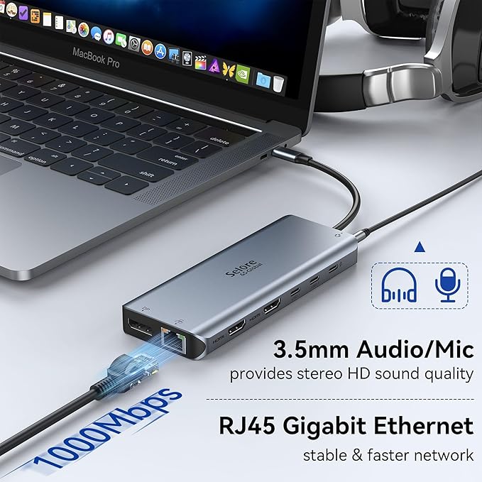 Selore Laptop Docking Station Dual Monitor, USB C Hub,USB C Docking Station with Dual HDMI,DP,10G USB A/C,100W PD,5 USB A/C Ports,Triple Display Laptop Docking Station for Dell,Hp,Lenovo,MacBook.etc