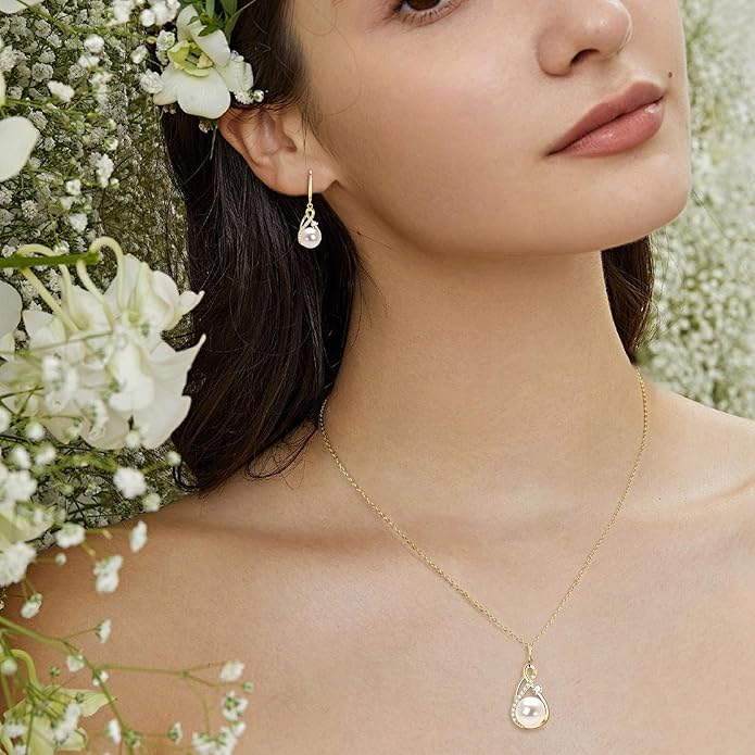 Sterling Silver Pearl Jewelry Set with Shiny Moissanite, Real Freshwater Pearl Earrings Necklace for Women, Wedding Jewelry for Brides Bridesmaid, Mother's Day