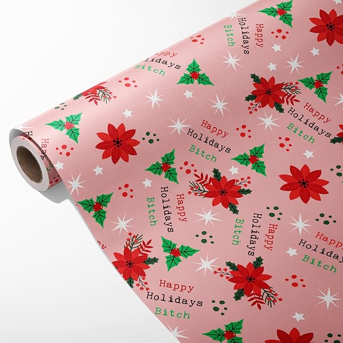 Vnaaem Funny Chrismas Wrapping Paper Roll for Women Aldut - Pink Xmas Floral, Happy Holiday Bixxh Text Rude Xmas Gift Wrap Sheets for Holiday Winter Birthday DIY Craft Party(Total 28.5sq.ft)