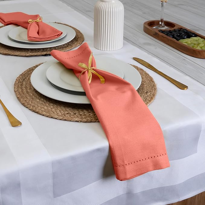 Blue Needles Set of 12 Hemstitch Linen Napkins 100% Cotton Salmon Cloth Dinner Napkins 18x18 inches, Soft, Reusable, Absorbent, Washable, Ideal for Fall Thanksgiving Events, Parties & Everyday Use