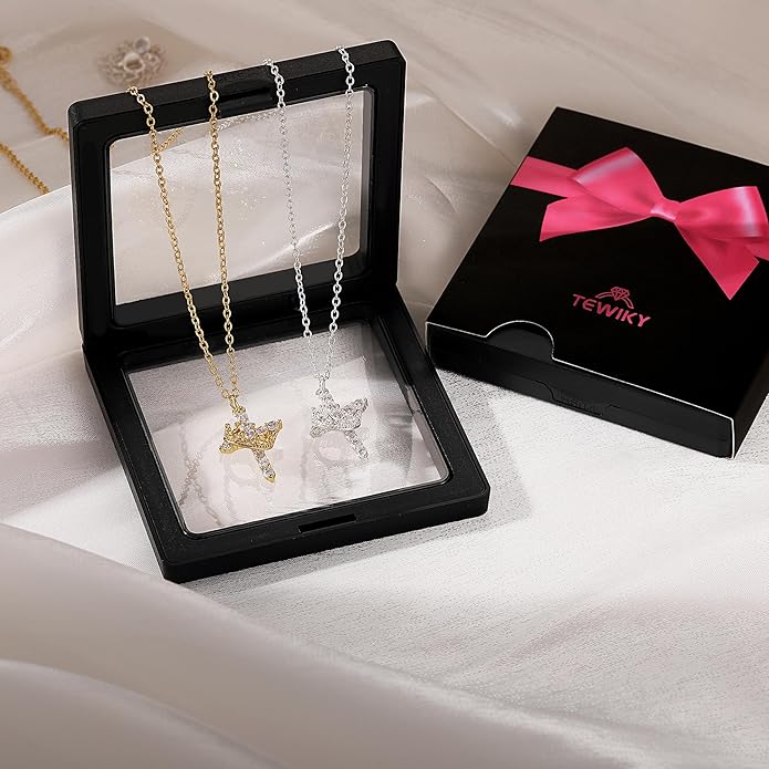Tewiky Christian Gift Stocking Stuffers Cross Necklace for women-Dainty 14k Gold Plated/Silver Plated Pendant Necklaces Simple Cute Tiny Necklace Jewelry for Women