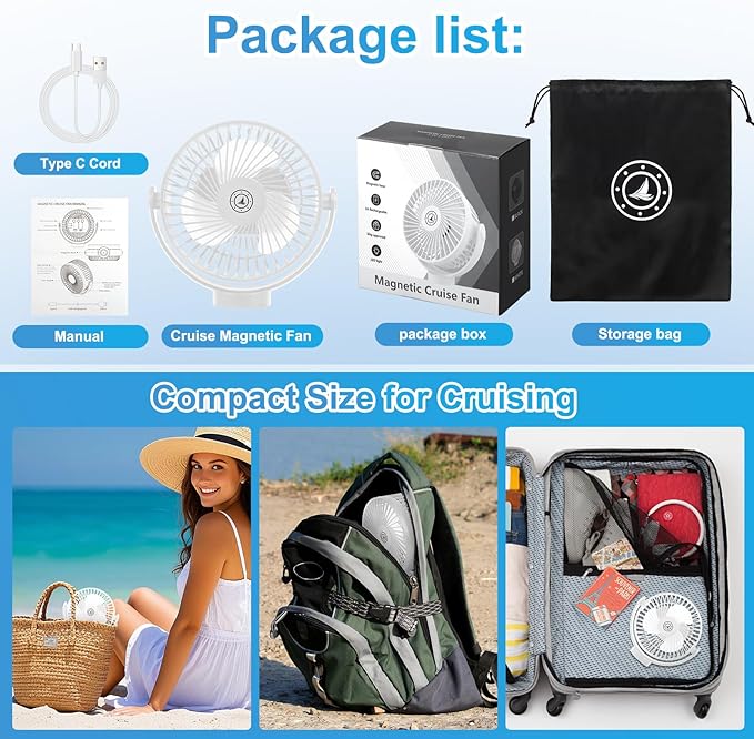 Magnetic Cruise Fan with 12000mAh Battery - Portable Cabin Air Circulator, 3-Speed LED Desk Fan with Timer, Power Bank & Ceiling/Wall Mount, Cruise Ship Approved for Travel (White)