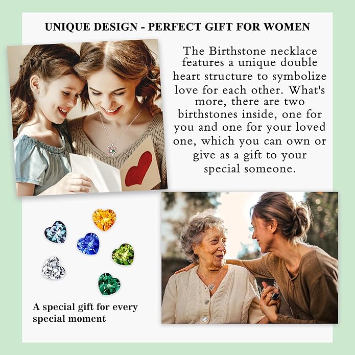 Iefil Valentines Gifts for Her Wife Women - Rose Heart Double Birthstone Necklace Gift for Wife Girlfriend Her Women, Birthstone Jewelry Gemstone Birthday Gifts for Mom Grandma Her
