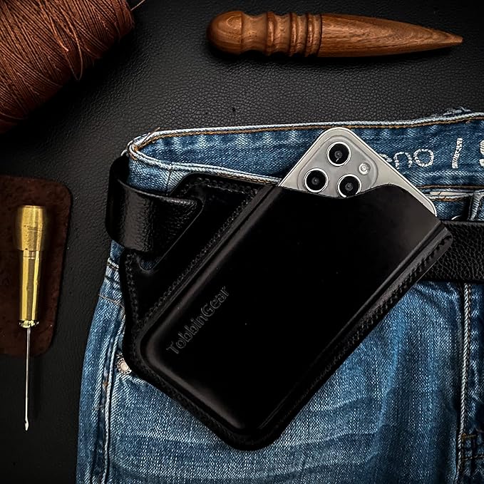 TobbinGear Leather Belt Phone Pouch, Leather Cell Phone Holster, Universal Phone Case with Belt Loops, for Men and Women Large Black