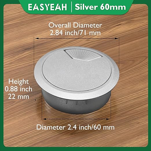2 Pcs Desk Grommet 2-3/8" / 60 mm, Desk Cord Hole Cover, Cable Grommet ABS Plastic, Desk Hole Grommet for Home & Office Pc, Detachable Adjustable Cable Cord Organizer-Silvery