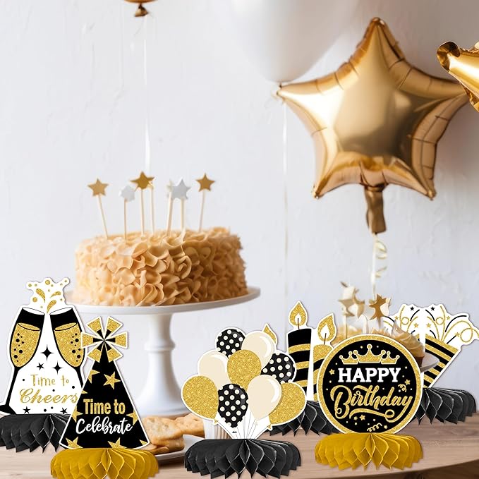 12 Pcs Birthday Table Decorations Glitter Black and Gold Birthday Decorations Honeycomb Centerpieces for Table Decor Girls Boys Women Men Party Supplies