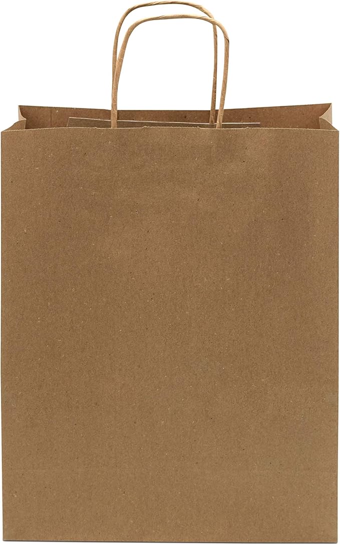 Prime Line Packaging Brown Paper Bags with Handles, Kraft Gift Bags Medium for Small Business, Shopping, Boutiques, Retail Store, Bulk, 10x5x13, 50 Pack
