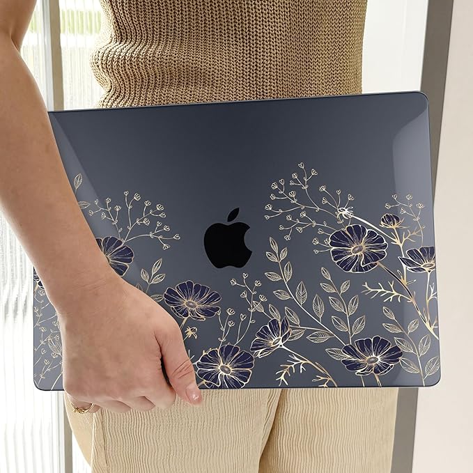 TWOLSKOO Compatible with M4 MacBook Air 13.6 inch Case 2025-2022 Release M4 A3240 M3 A3113 M2 A2681, Plastic Hard Shell & Keyboard Cover & Type C Adapter & Screen Protector, Golden Flowers