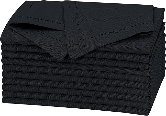 Ruvanti Premium Linen Napkins Set of 6-20x20 Inch, Classic Hemstitch, Mitered Corner Cloth Napkins - Soft, Elegant Dinner Napkins Cloth Washable for Weddings, Parties, Everyday Use - Black