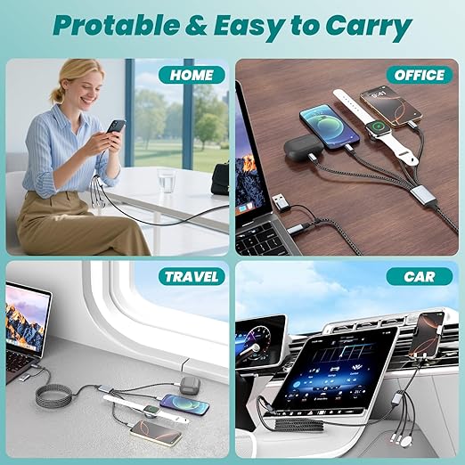 Travel Essentials 4 in 2 Multi Charging Cable for iWatch Charger(2Pack 5FT),USB A/USB C Multiple Charger Cable/Cord for All Devices Compatible for iWatch Ultra/SE/10-1,iPhone 16-11, Android,More