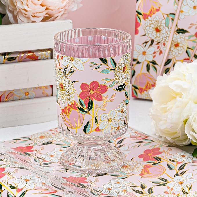 MAYPLUSS Pink Flower Wrapping Paper Roll, Gold Edge Design Floral Gift Wrap For Mothers Day, Wedding, Bridal Shower, Birthday, 17 Inch x 33 Feet