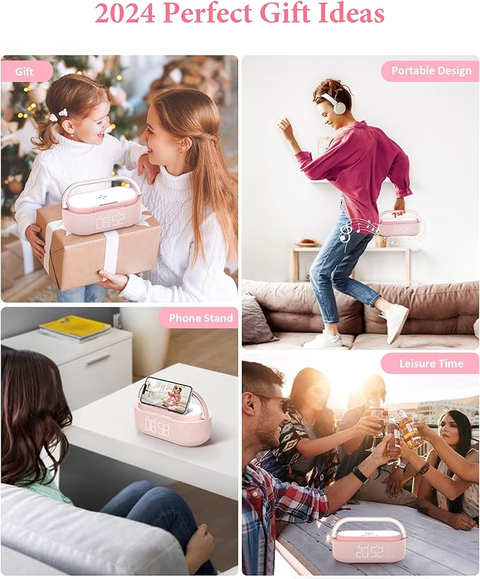 COLSUR Bluetooth Speaker with Wireless Charger, FM Radio, Dimmable LED Night Light, Dual Wireless Speakers, 2500mAh Portable Speaker for Home Decoration, Bedroom, Office, Gift