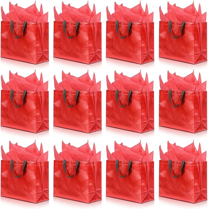 KeerxunBag 12Pcs Reusable Gift Bags(Includes Tissue Paper) Gift bag with handle Birthdays Parties Holidays Weddings Medium 13x5x11in Red Gift Bags