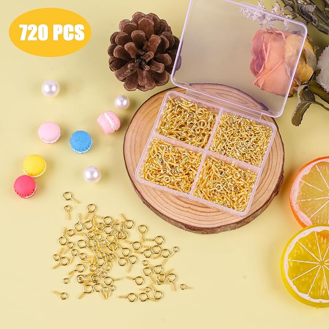 720PCS Small Screw Eye Pins, 3 Styles of Mini Eye Screws, Eyelet Pins Hooks for DIY Crafts, Art Projects, Tiaras and Jewelry Making - Gold