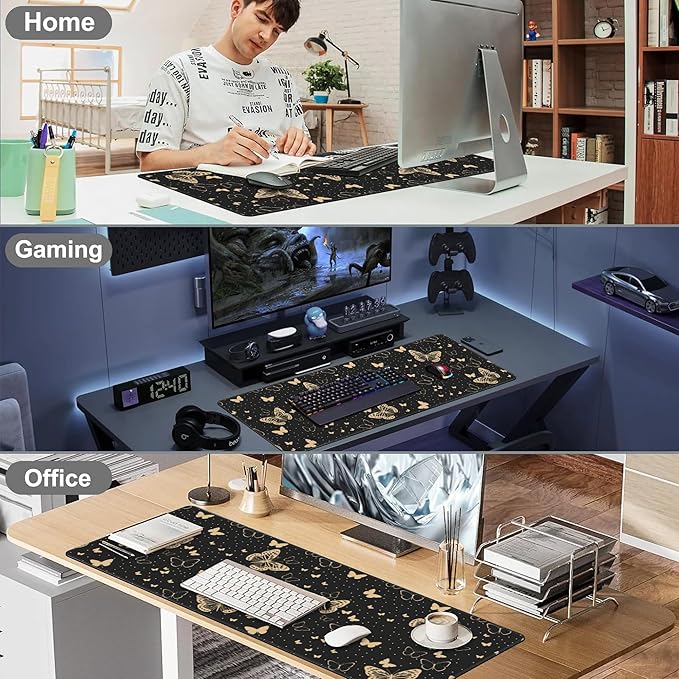 Golden Butterflies Desk Mat,Large Butterfly and Round Spots Gaming Keyboard Mouse Pad,Non-Slip Rubber Base Desk Pad Thick Stitched Edges Waterproof Mousepad Mouse Mat 31.5"x11.8"