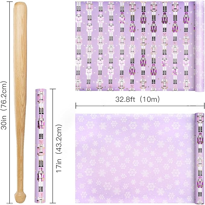 RUSPEPA Christmas Reversible Wrapping Paper Roll for Kids Girls, Mini Roll, Gold Foil Purple Nutcracker Soldier and Snowflakes Design, Ideal for Holiday Gifts, Christmas, 17 Inches x 32.8 Feet
