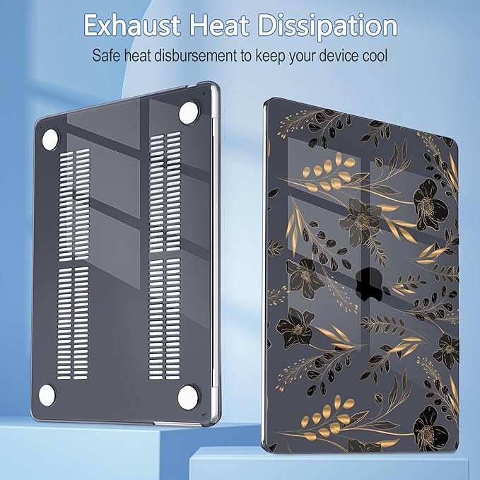 Mektron Compatible with M4 MacBook Air 15 inch Case 2025 A3241 2024 2023 M3 A3114 A2941 M2 Liquid Retina Display Touch ID, Plastic Hard Case & Keyboard Skin & Screen Protector - Gold Floral