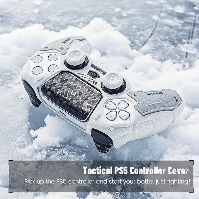 Geekshare G.S.TAC Tactical Compatible with PS5 Controller Skin Set, Tactical Silicone Cover for PS5 Wireless Controller with 2 Thumb Grips & 2 Stickers for Monster Hunter Wilds - White