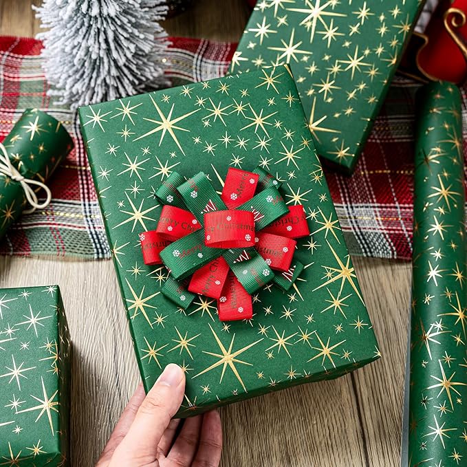 Garbendy Green Christams Wrapping Paper Roll- 17 Inch X 32.8 Feet - Embossing 3D Emerald Green with Gold Foil Star Design for Christmas, Birthday, Wedding, Baby Shower, Bridal Shower, Party