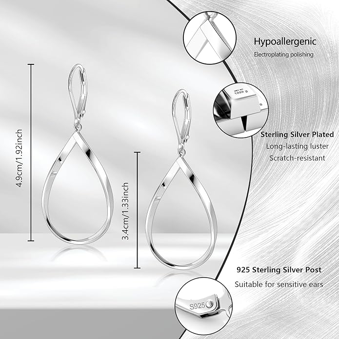 ALEXCRAFT 925 Sterling Silver Teardrop Leverback Earrings for Women Trendy Waterdrop Drop Twisted Dangle Earrings Jewelry 14K Gold Plated Hypoallergenic Boho Leverback Dangle Earring