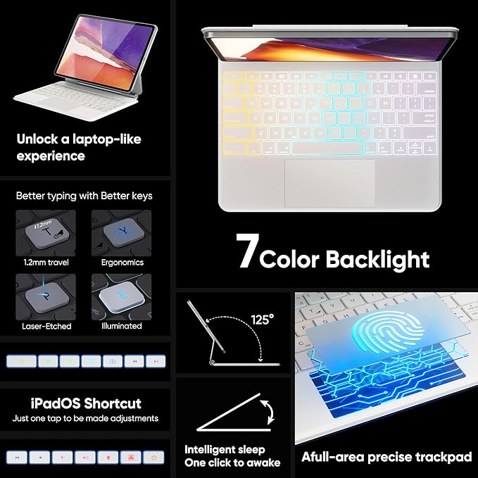 doqo Keyboard case for iPad Air 13 (M2) 2024/(M3) 2025 and iPad Pro 12.9(6th,5th,4th,3rd Gen),Magic Keyboard case with Multi-Trackpad for iPad Air 13,Pro 12.9 2018~2022 Slim 7 Color Backlit White