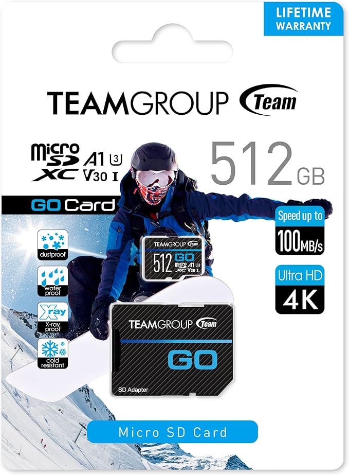 TEAMGROUP GO Card 512GB Micro SDXC UHS-I U3 V30 4K, R/W up to 100/90 MB/s for GoPro & Action Cameras High Speed Flash Memory Card with Adapter for Outdoor, Sports, 4K Shooting TGUSDX512GU303
