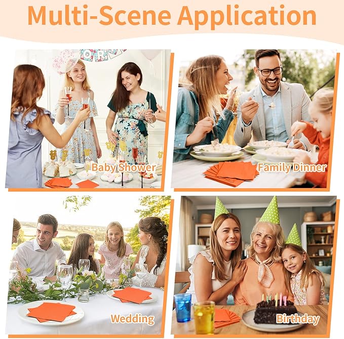 100 Pack Cocktail Napkins Disposable, 2-Ply 5" x 5" Party Napkins, Square Beverage Dinner Napkin for Wedding Birthday Party Anniversary Reception Bar Event (Orange)